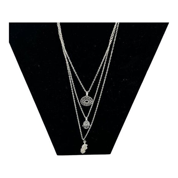 Layered Antique Silver Pendant Necklace With Compass Hamsa Hand & Feather Charms - Picture 6 of 12